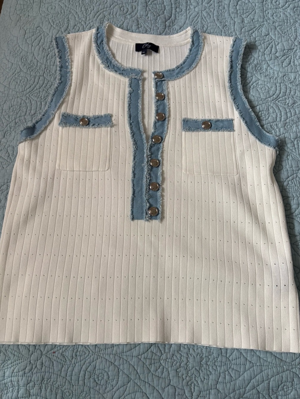 Orly Boutique White Sleeveless Deep V Neck Tank with Light Blue Denim Trim Large